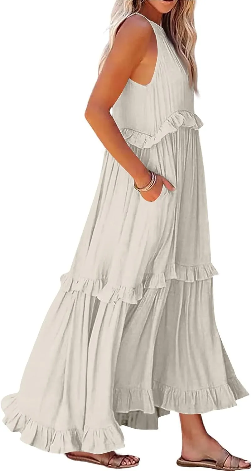 Boho Dresses for Women,2025 Summer Flowy Ruffle Tiered Swing Smocked Beach Sundress,Sleeveless Halter Maxi Dress