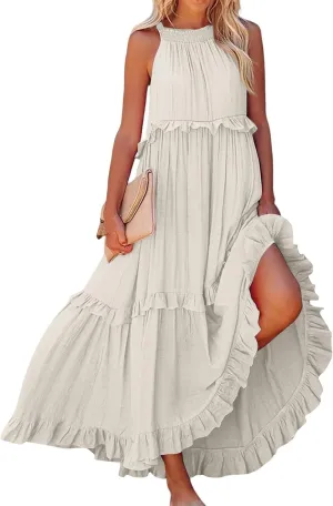 Boho Dresses for Women,2025 Summer Flowy Ruffle Tiered Swing Smocked Beach Sundress,Sleeveless Halter Maxi Dress