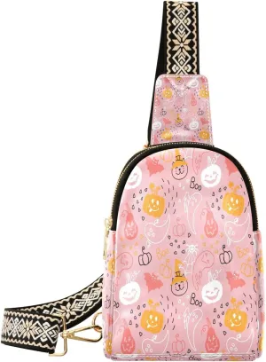 Boo Pumpkin Ghost Fanny Pack Crossbody PC Leather Small Sling Bag for Women Halloween Pink Cute Fashion Waist Packs Chest Bag for Travel Sports Running Hiking