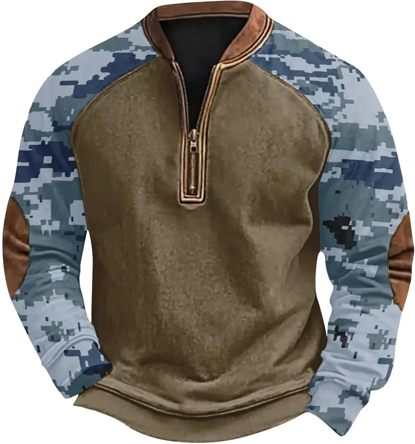 Camoflauge Quarter Zip Sweatshirt Men Plus Size Military Long Sleeve Fall Camouflage Pullover Sweatshirts