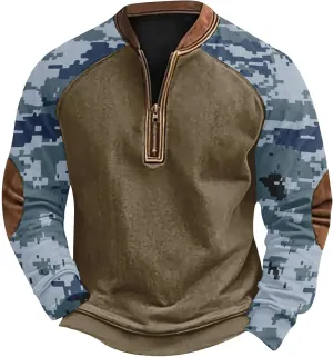 Camoflauge Quarter Zip Sweatshirt Men Plus Size Military Long Sleeve Fall Camouflage Pullover Sweatshirts