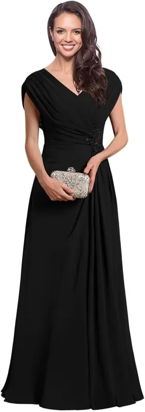 Cap Sleeve Mother of The Bride Dresses for Wedding Ruched Chiffon Long Formal Evening Dress
