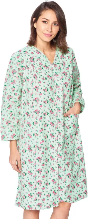 Casual Nights Women's Floral Snap Front Flannel Duster Long Sleeve Lounger Dress
