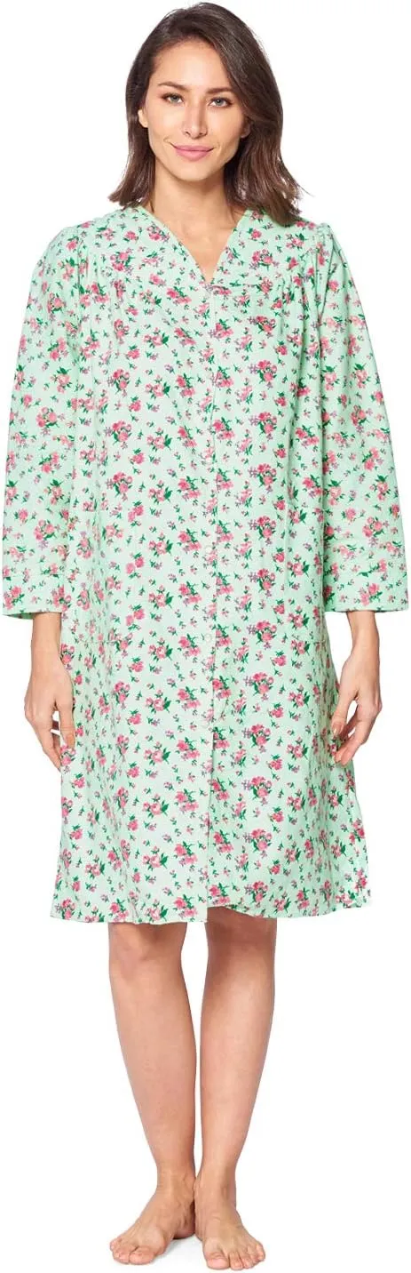 Casual Nights Women's Floral Snap Front Flannel Duster Long Sleeve Lounger Dress