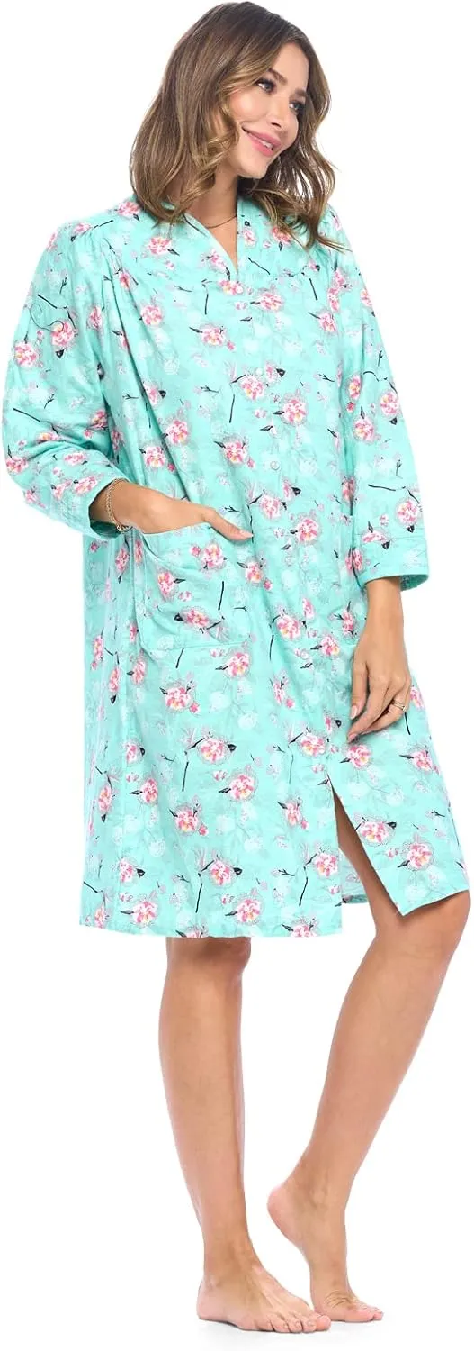 Casual Nights Women's Floral Snap Front Flannel Duster Long Sleeve Lounger Dress