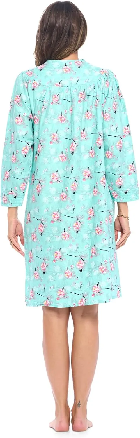 Casual Nights Women's Floral Snap Front Flannel Duster Long Sleeve Lounger Dress
