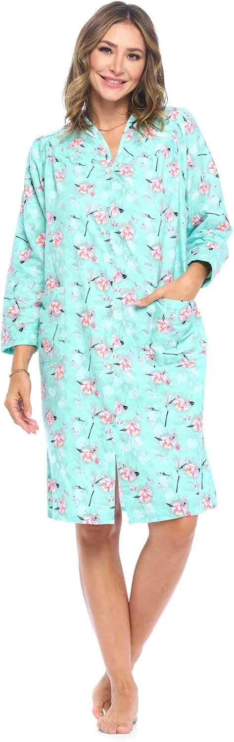 Casual Nights Women's Floral Snap Front Flannel Duster Long Sleeve Lounger Dress