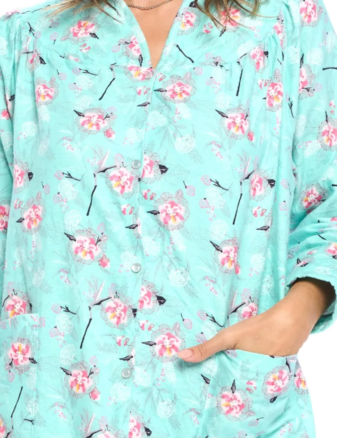 Casual Nights Women's Floral Snap Front Flannel Duster Long Sleeve Lounger Dress