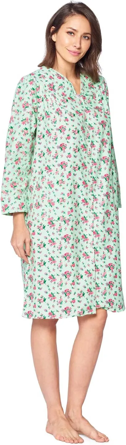 Casual Nights Women's Floral Snap Front Flannel Duster Long Sleeve Lounger Dress