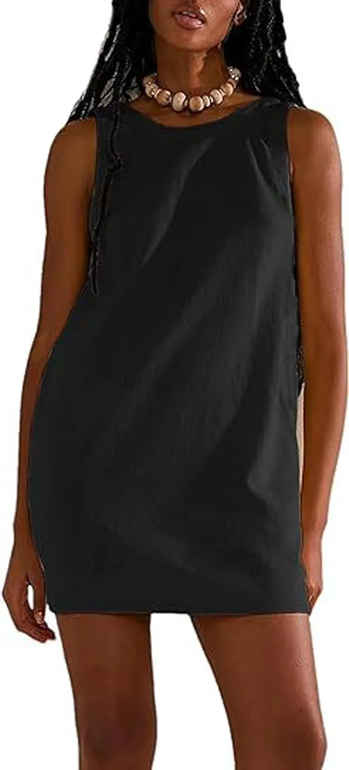 CHARTOU Women Comfy Linen Skirtall Backless U-Back Short Pinafore Overall Dress