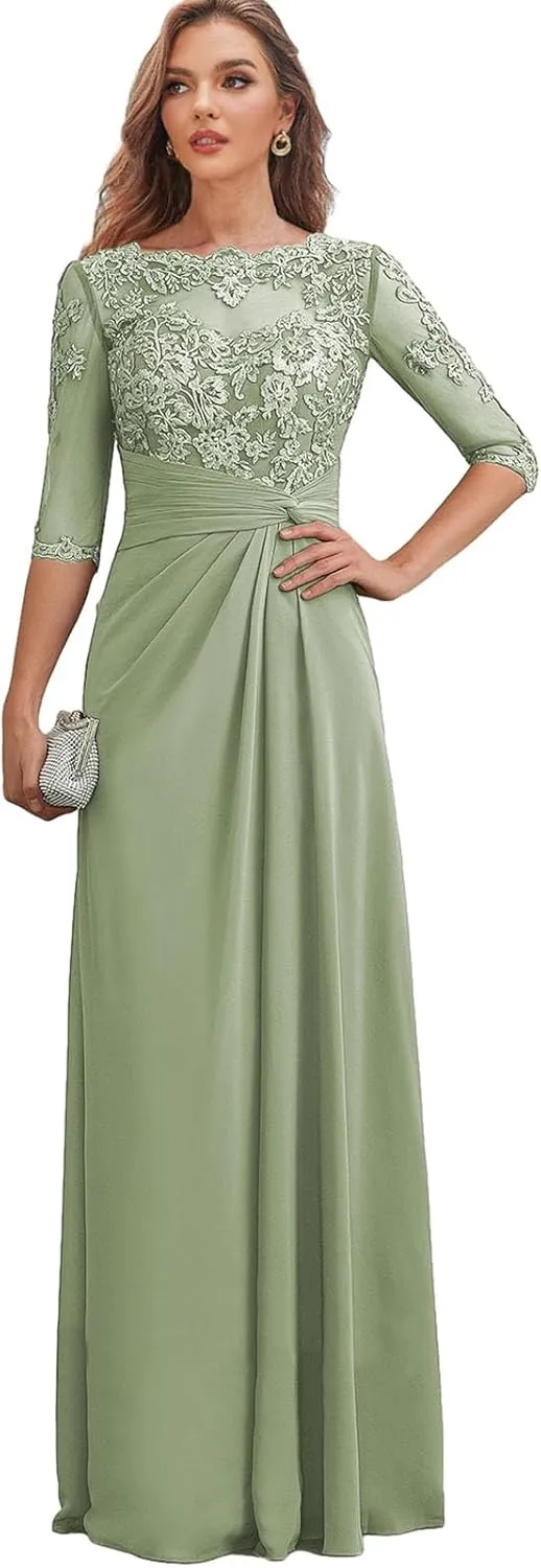 Chiffon Mother of The Bride Dresses for Women Lace Appliques Wedding Guest Formal Dress with Sleeves
