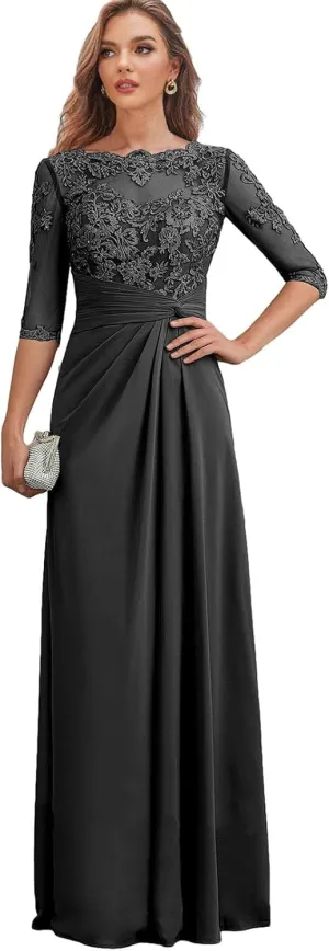Chiffon Mother of The Bride Dresses for Women Lace Appliques Wedding Guest Formal Dress with Sleeves