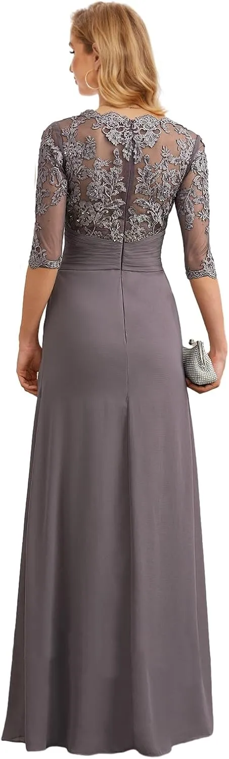 Chiffon Mother of The Bride Dresses for Women Lace Appliques Wedding Guest Formal Dress with Sleeves