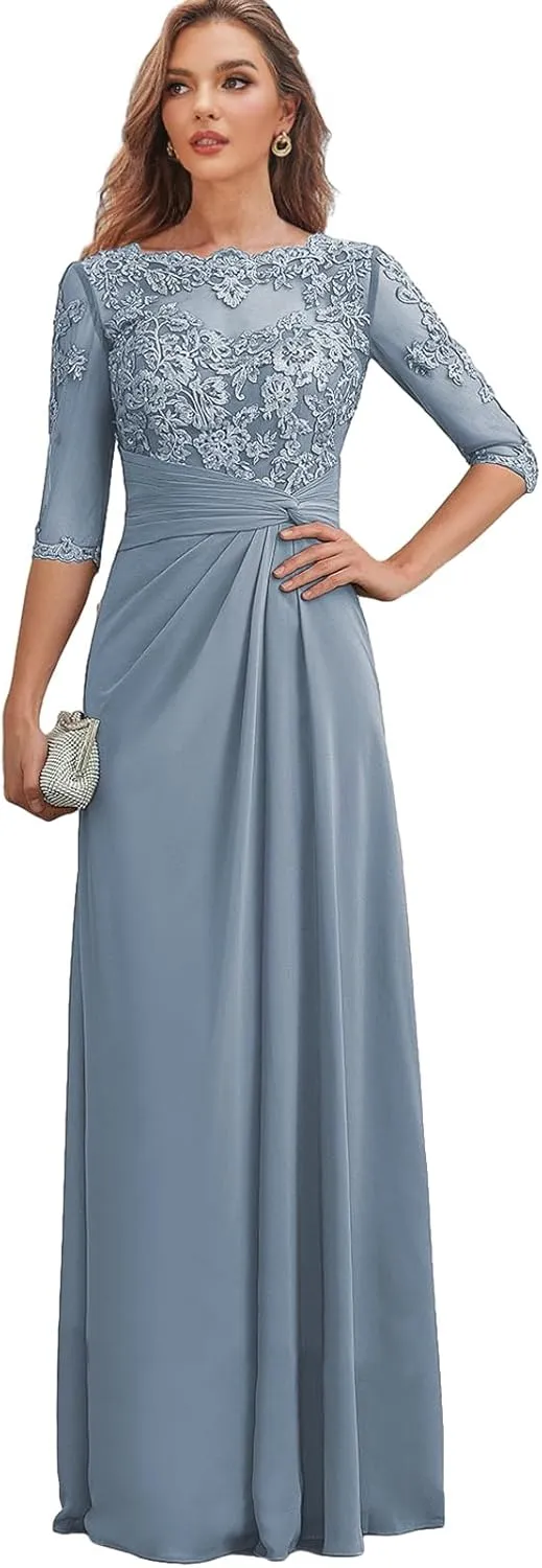 Chiffon Mother of The Bride Dresses for Women Lace Appliques Wedding Guest Formal Dress with Sleeves