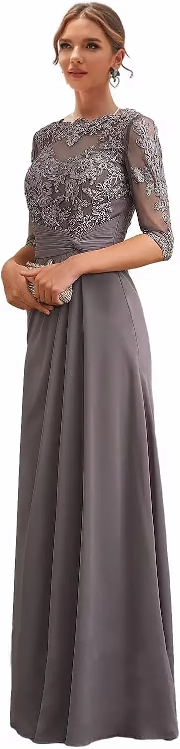 Chiffon Mother of The Bride Dresses for Women Lace Appliques Wedding Guest Formal Dress with Sleeves