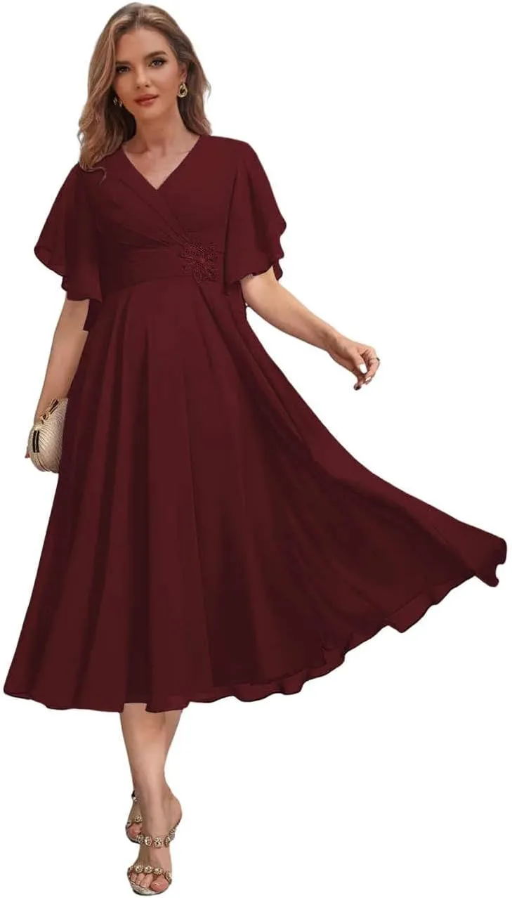 Chiffon Mother of The Bride Dresses with Sleeves for Women Tea Length Formal Wedding Guest Dress