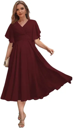Chiffon Mother of The Bride Dresses with Sleeves for Women Tea Length Formal Wedding Guest Dress