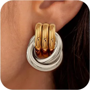Chunky Gold Earrings 14k Gold Plated Statement Earrings for Women Trendy Triple Knot Dangle Earrings Lightweight Chunky Drop Earrings Jewelry Gifts
