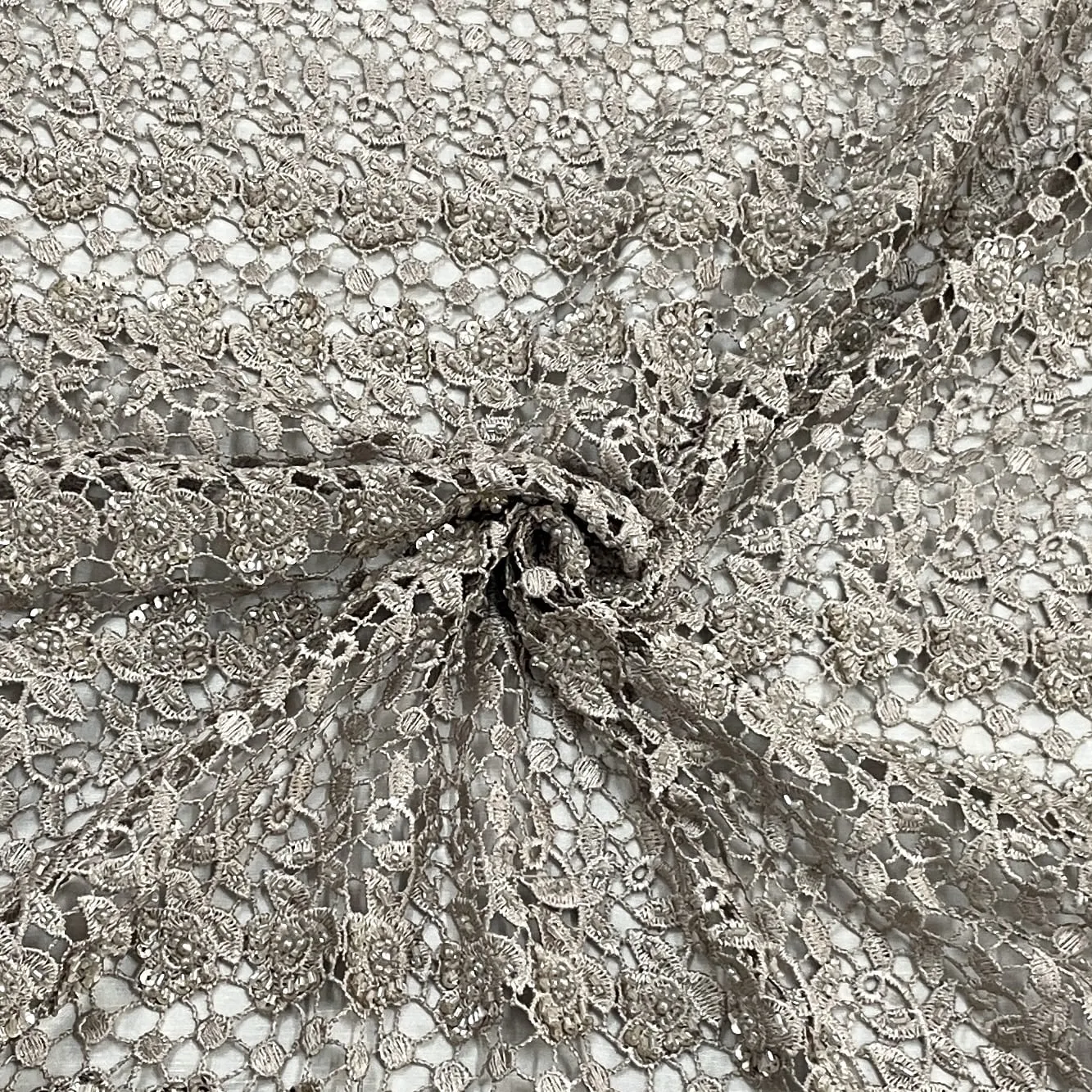 Classic Cream Floral Pearl Embroidery Crochet Fabric