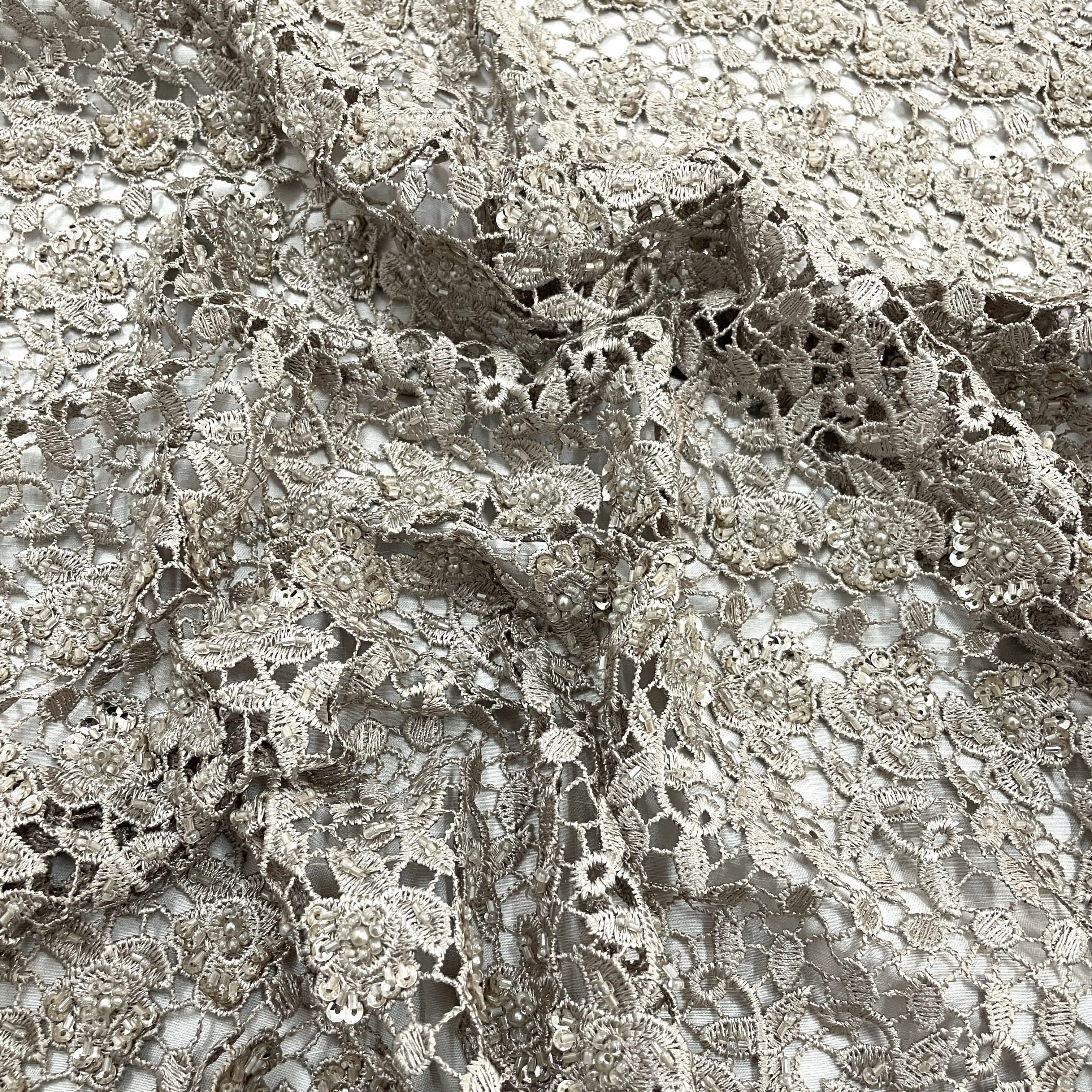 Classic Cream Floral Pearl Embroidery Crochet Fabric