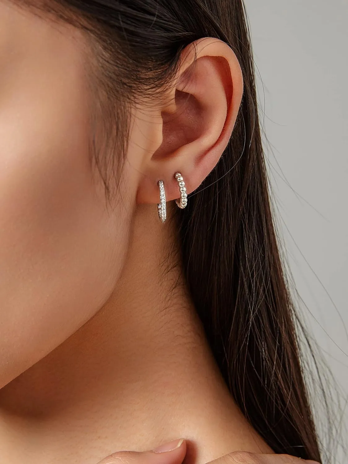 Clip on Hoop Earrings for Women, 14K Real Gold Plated Non Pierced Small Hoop Cubic Zirconia, Fake Piercing Mini Beaded Hoop Earrings Set 2 Pairs