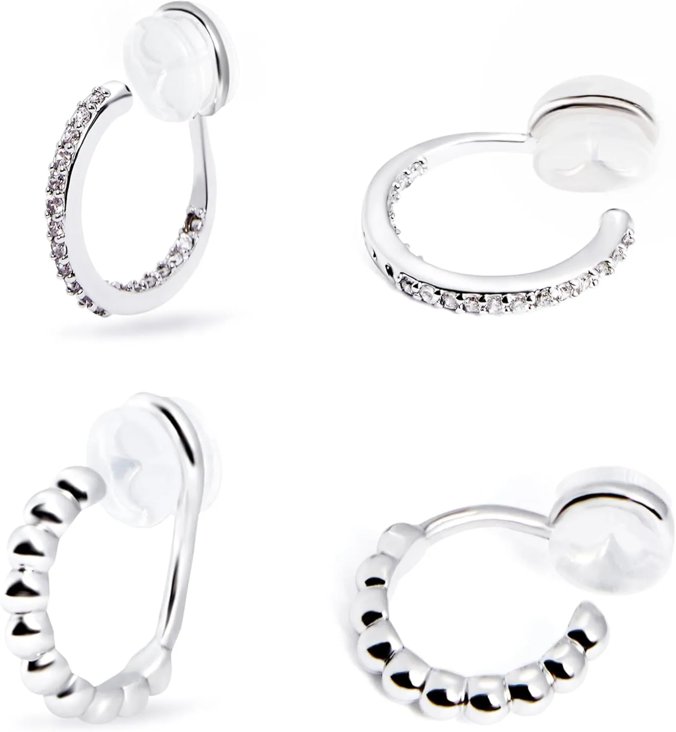 Clip on Hoop Earrings for Women, 14K Real Gold Plated Non Pierced Small Hoop Cubic Zirconia, Fake Piercing Mini Beaded Hoop Earrings Set 2 Pairs