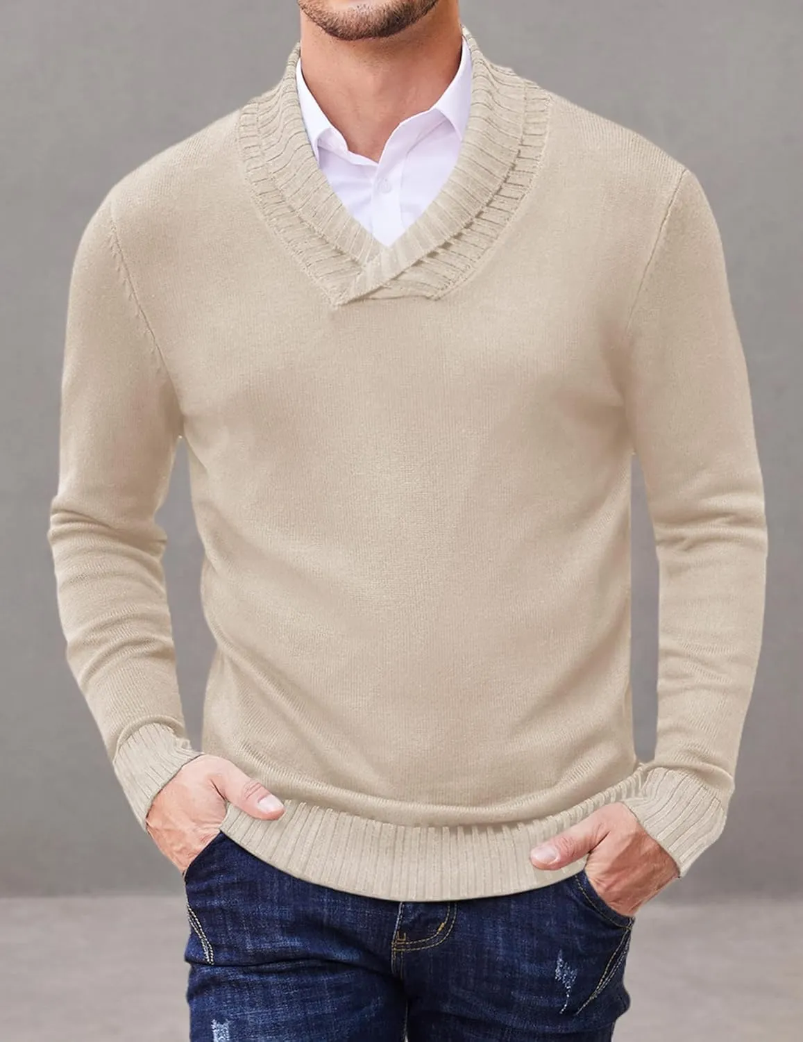 COOFANDY Men Casual Knitted Sweaters Shawl Collar Dress Sweater Long Sleeve V-Neck Pullover Tops