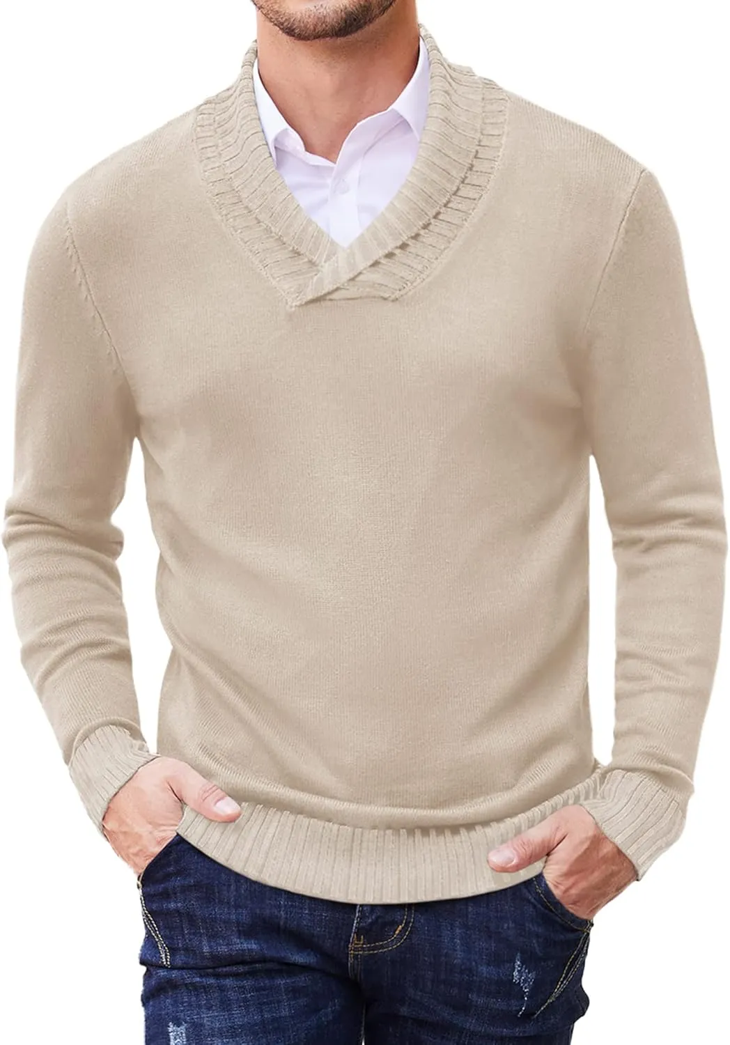 COOFANDY Men Casual Knitted Sweaters Shawl Collar Dress Sweater Long Sleeve V-Neck Pullover Tops