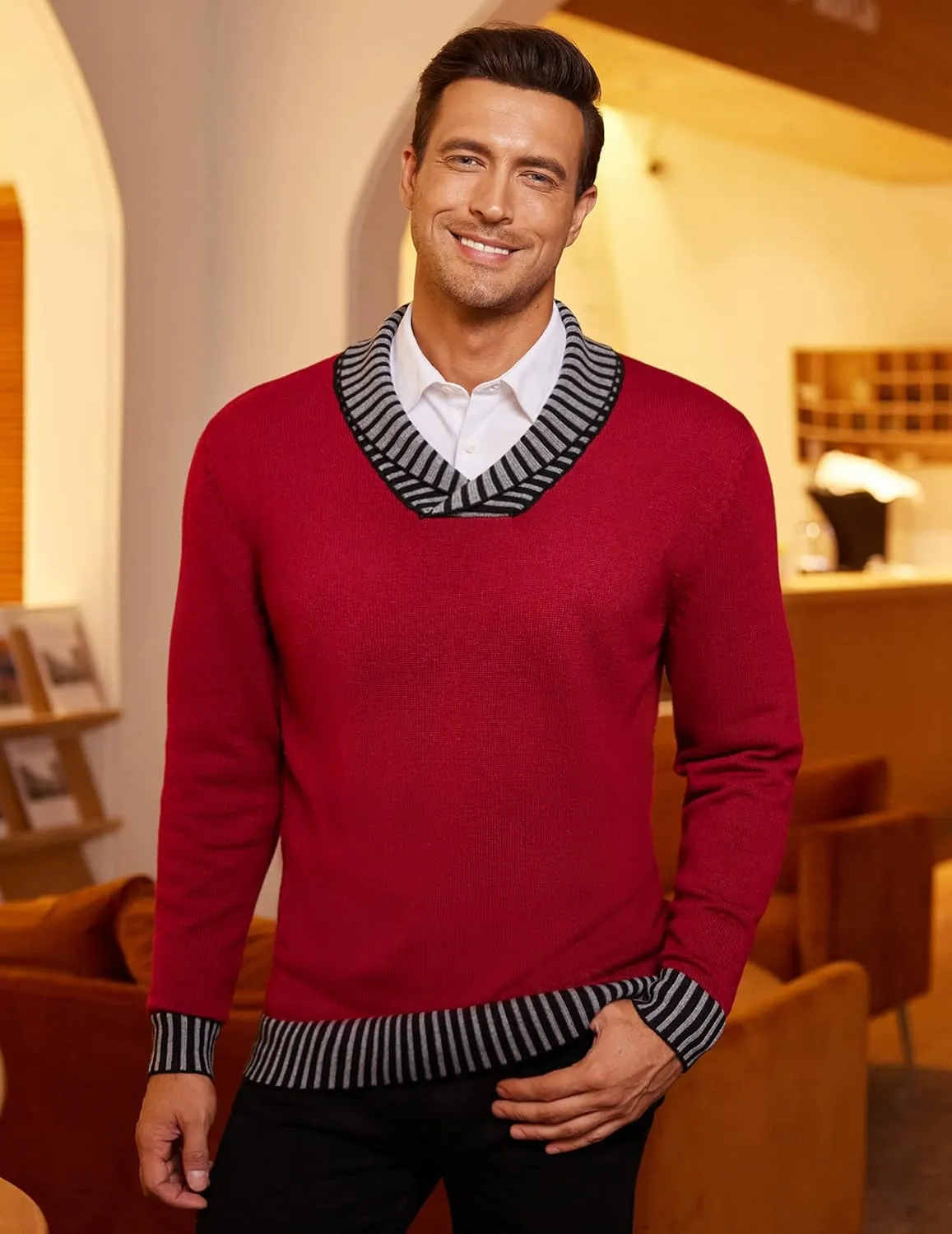 COOFANDY Men Casual Knitted Sweaters Shawl Collar Dress Sweater Long Sleeve V-Neck Pullover Tops