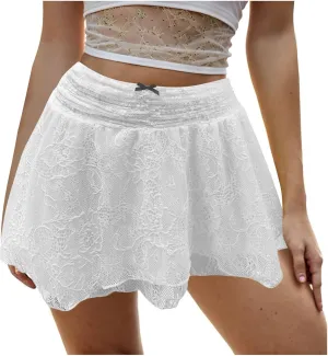 cooki Lace Mini Skirt for Women Y2k, Women's Cute Flowy Pleated Mini Skirt Sexy Lace High Waisted Ruffle Short Skirts