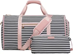 Coolife Garment Bag Carry On Convertible Travel Duffel Bag with Shoe Pouch Weekender Bag for Women Men 2 in 1 Hanging Suit Bag with Shoulder Strap Business Travel Bag (Black White Stripe, Standard)