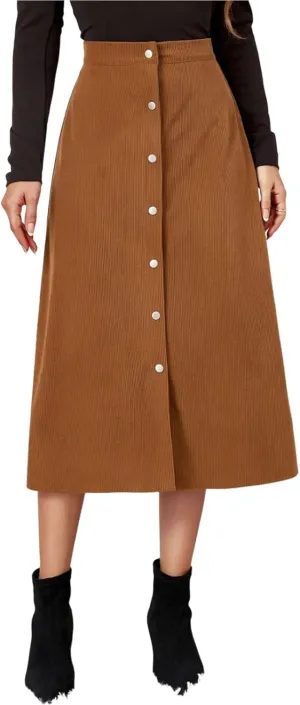 COTECRAM Corduroy Skirt Women Trendy Fall Winter High Waist Button Down A-Line Midi Skirts Dressy Casual Work Office Dresses