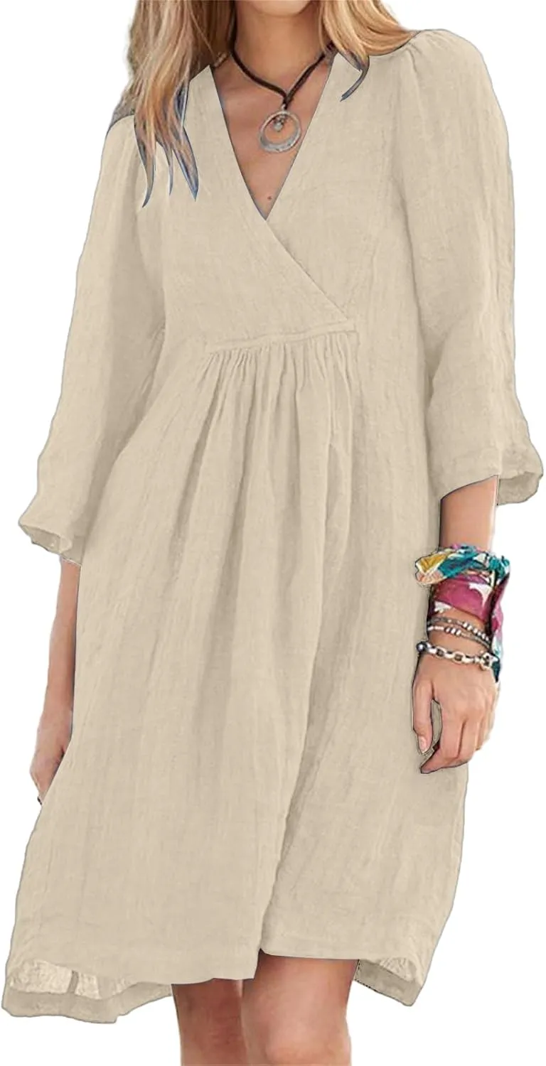 Cotton Linen for Women 2025 Summer V-Neck 3/4 Sleeve Ruffled A-Line Midi Dress Casual Modest Knee-Length Dress