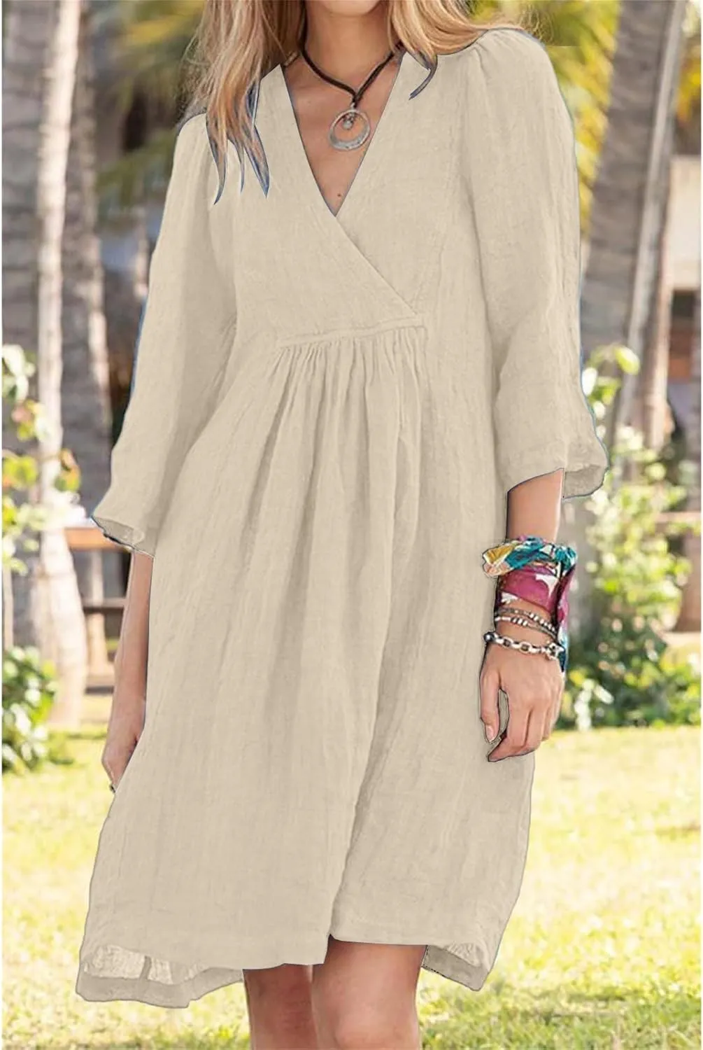 Cotton Linen for Women 2025 Summer V-Neck 3/4 Sleeve Ruffled A-Line Midi Dress Casual Modest Knee-Length Dress