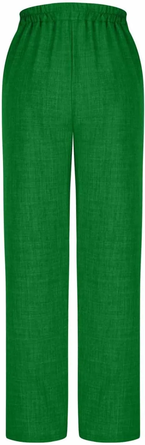 Cotton Linen Pants for Women Elastic Waist Wide Leg Button Casual Palazzo Pants Office Business Comfy Summer Trousers