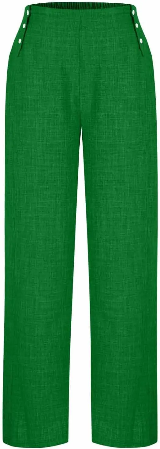 Cotton Linen Pants for Women Elastic Waist Wide Leg Button Casual Palazzo Pants Office Business Comfy Summer Trousers