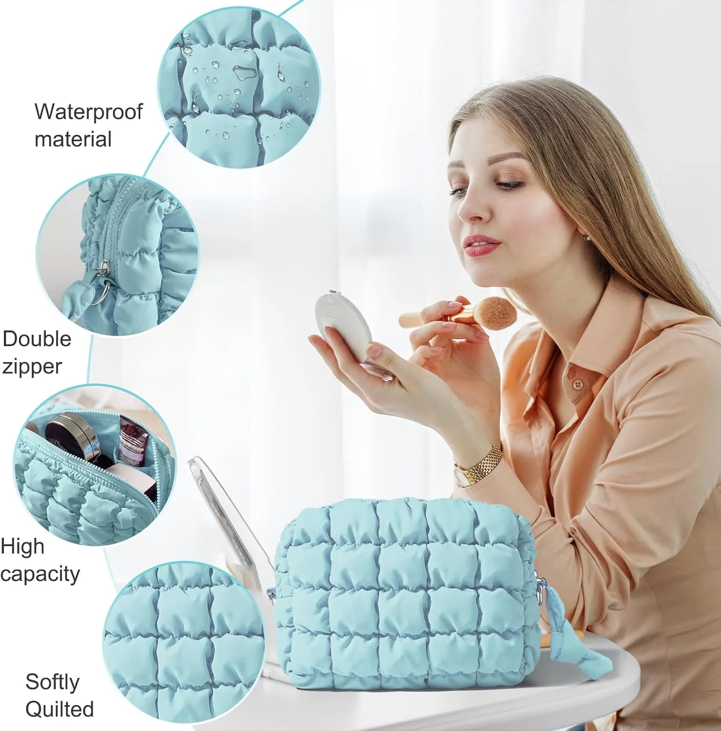 Cotton Quilted Makeup Bag,Large Makeup Bag,Cute Cloud Toiletry Bag,Portable Travel Makeup Bag, Toiletry Organizer Pouch Storage Make Up Bag (blue)