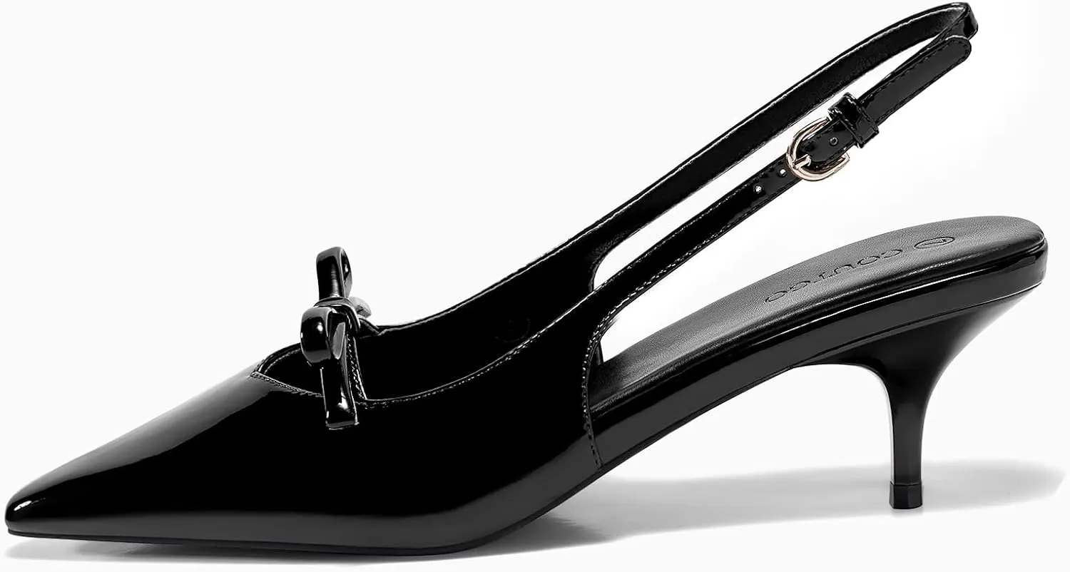 Coutgo Womens Bow Slingback Heels Low Kitten Heel Pumps Closed Pointed Toe Party Wedding Dress Shoes