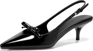 Coutgo Womens Bow Slingback Heels Low Kitten Heel Pumps Closed Pointed Toe Party Wedding Dress Shoes