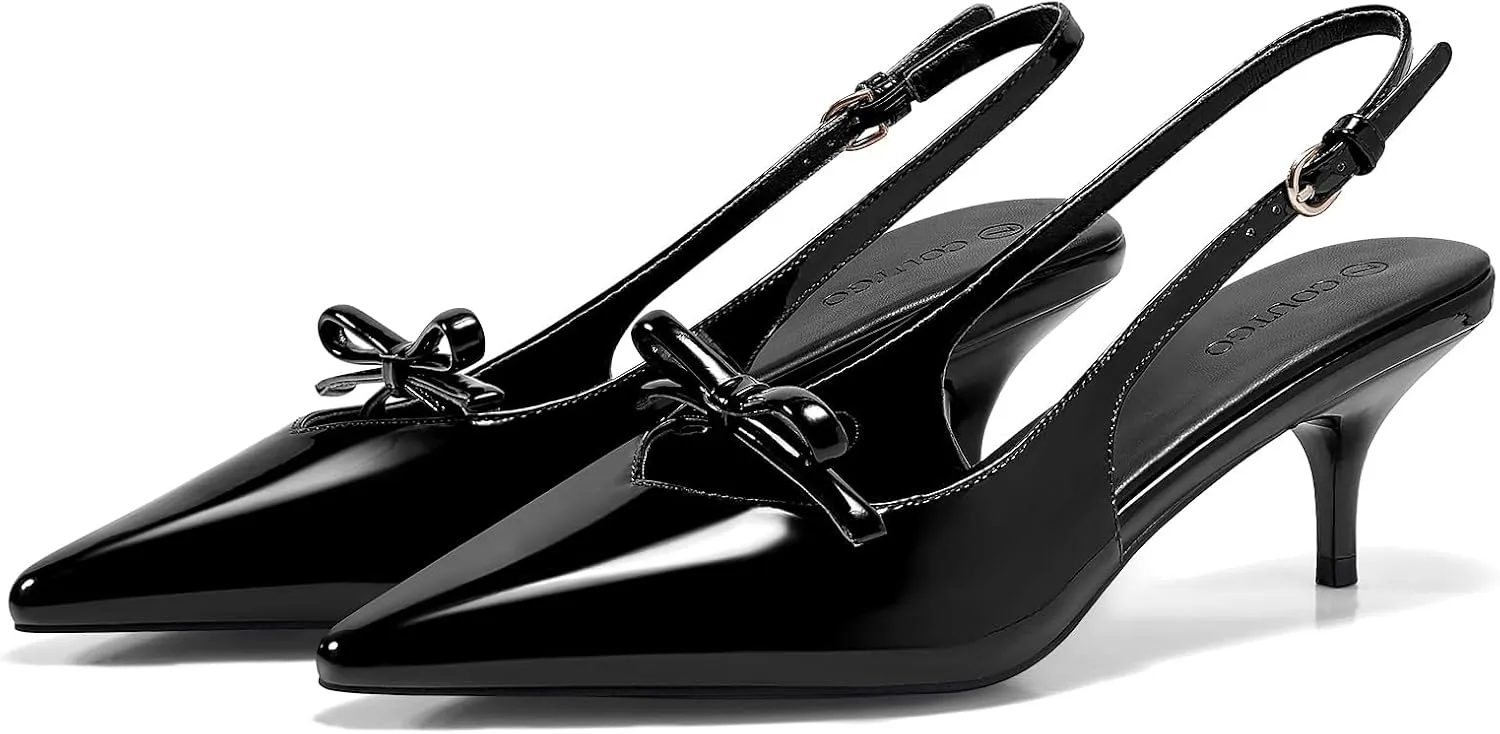 Coutgo Womens Bow Slingback Heels Low Kitten Heel Pumps Closed Pointed Toe Party Wedding Dress Shoes