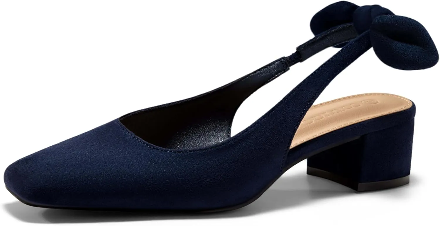 Coutgo Womens Chunky Low Heels Bow Slingback Pumps Closed Square Toe Wedding Party Dress Shoes