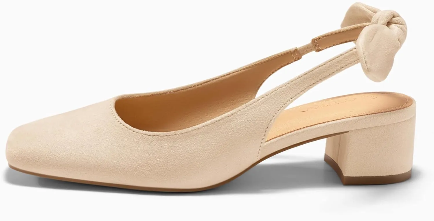 Coutgo Womens Chunky Low Heels Bow Slingback Pumps Closed Square Toe Wedding Party Dress Shoes