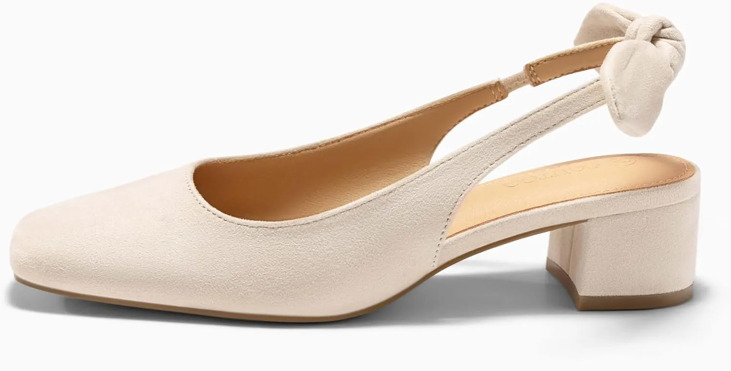 Coutgo Womens Chunky Low Heels Bow Slingback Pumps Closed Square Toe Wedding Party Dress Shoes