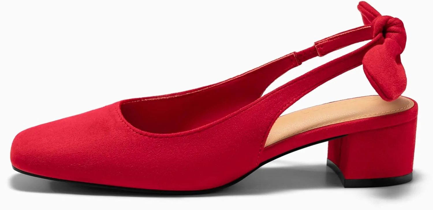 Coutgo Womens Chunky Low Heels Bow Slingback Pumps Closed Square Toe Wedding Party Dress Shoes