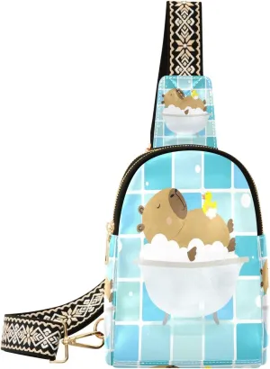 Cute Capybara in A The Bath Fanny Pack Crossbody PC Leather Small Sling Bag for Women Fashion Waist Packs Chest Bag for Travel Sports Running Hiking