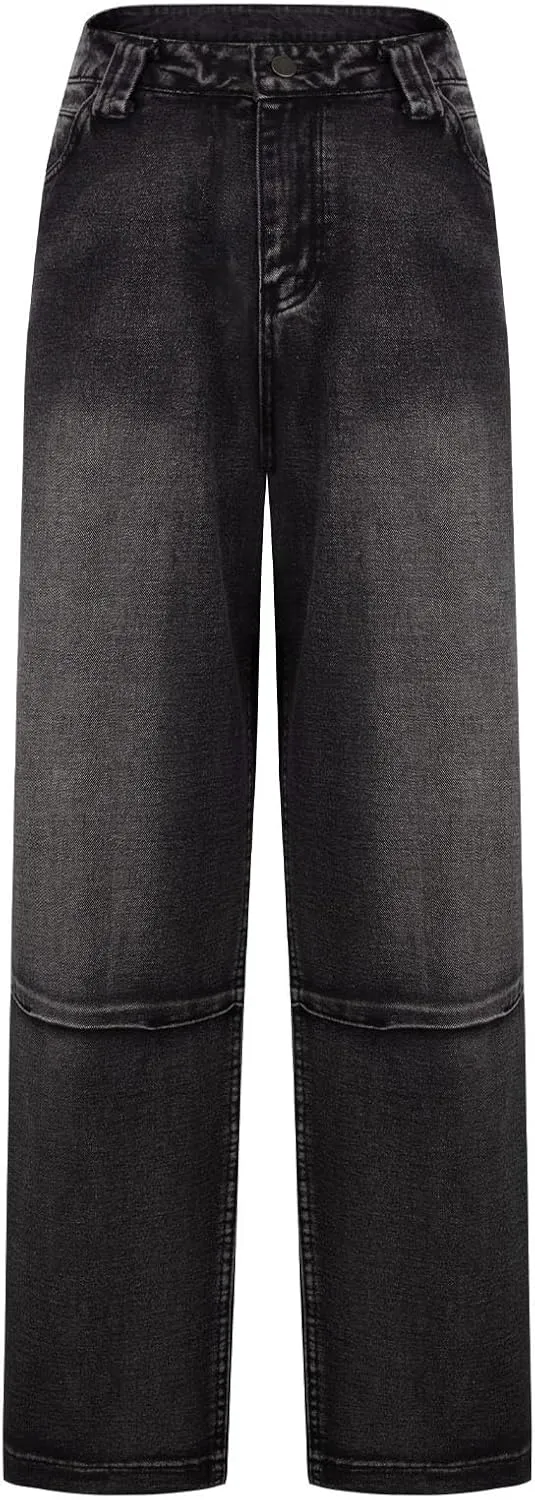 Denim Pants for Woman Vintage 70s Wide Leg Wash Distressed Jeans Flared Lantern Trousers Parachute Pants with Pockets