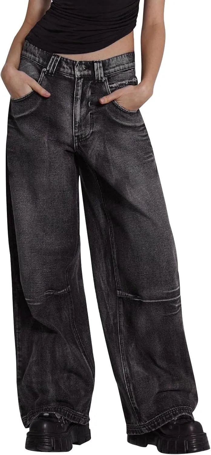 Denim Pants for Woman Vintage 70s Wide Leg Wash Distressed Jeans Flared Lantern Trousers Parachute Pants with Pockets