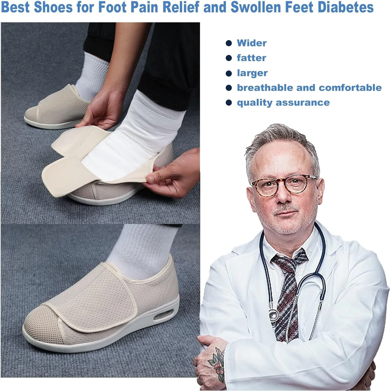 Diabetic Shoes,Adjustable Easy to Put On and Take Off Lightweight Wider Non-Slip Shoes for Swollen Feet