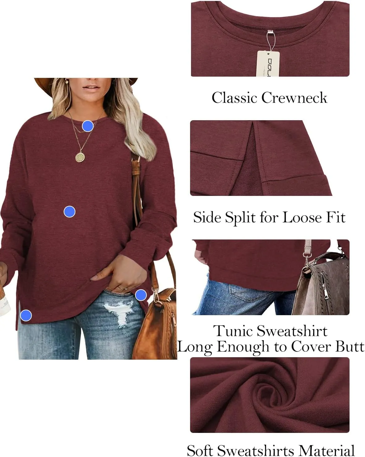 DOLNINE Plus-Size Sweatshirts for Women Casual Tops Side Slit Pullovers Shirts
