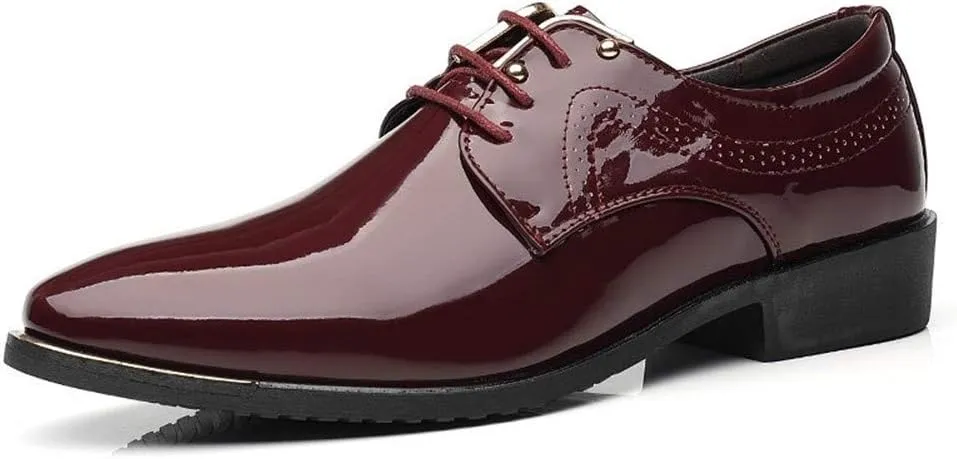 Dress Oxford Formal Shoes for Men Lace Up Snip Toe Patent Leather Derby Shoes Vegan Leather Non Slip Anti-Slip Low Top Party